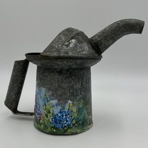 Vintage Galvanized Can with Bluebonnet Handpainted Scene Signed by Artist